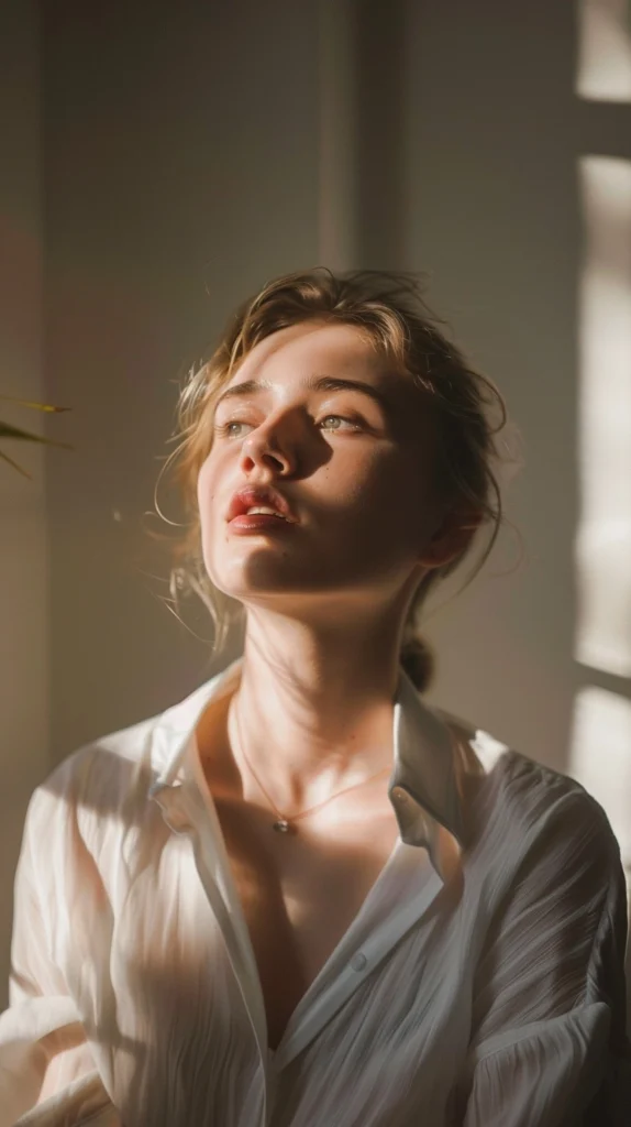 Hochformat 6:16 Frau mit beleuchtetem Gesicht